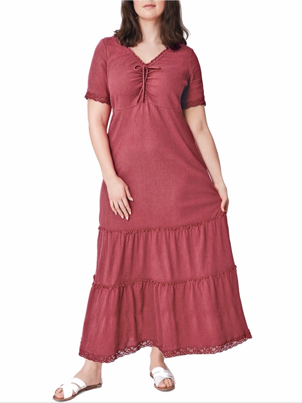 Ellos Burgundy Cotton Gauze Tiered Maxi Dress Plus Size 5x Lace Boho CottageCore